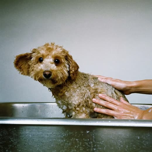 Small curly-coated dog being bathed and lathered in a grooming bath